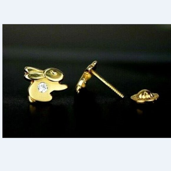 Solid 14k Yellow Gold Rabbit Screw Back Stud Earring with Sparkling White Stone - Picture 2 of 2